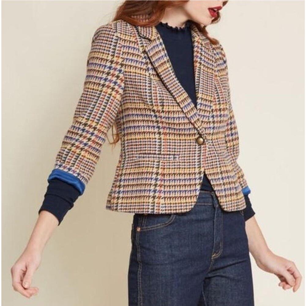 Modcloth Women’s Blazer Sz XL Wool Blend Houndstooth Single Button 3/4 Sleeve